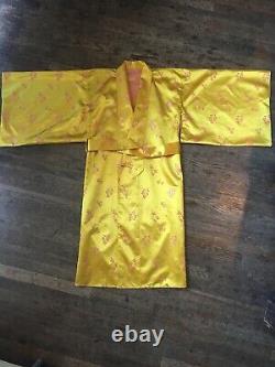 Vtg 40s 50s Japanese Souvenir Yellow Gold Silk Bath Robe Mens M-L Smoking Jacket