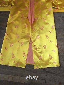 Vtg 40s 50s Japanese Souvenir Yellow Gold Silk Bath Robe Mens M-L Smoking Jacket