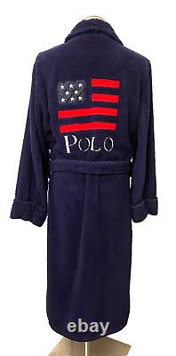 Vtg POLO RALPH LAUREN Men's L XL Cotton Terry Cloth Bath Robe BLUE Red Pony FLAG