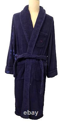 Vtg POLO RALPH LAUREN Men's L XL Cotton Terry Cloth Bath Robe BLUE Red Pony FLAG