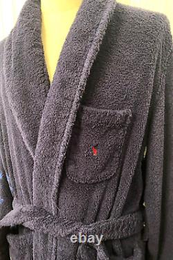 Vtg POLO RALPH LAUREN Men's L XL Cotton Terry Cloth Bath Robe BLUE Red Pony FLAG