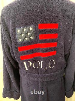 Vtg POLO RALPH LAUREN Men's L XL Cotton Terry Cloth Bath Robe BLUE Red Pony FLAG