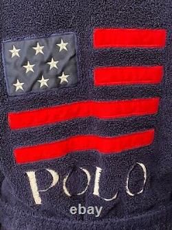 Vtg POLO RALPH LAUREN Men's L XL Cotton Terry Cloth Bath Robe BLUE Red Pony FLAG