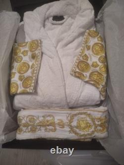 White cotton Barocco trim bathrobe from Versace Home featuring a wrap style XXL