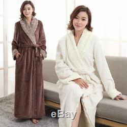 Women Men Extra Long Thermal Flannel Bathrobe Soft Fur Kimono Bath Robe Winter B