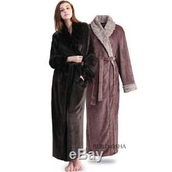 Women Men Fur Neck Thick Warm Long Flannel Bathrobe Plus Size Kimono Bath Robe W