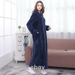 Women Plus Size Long Warm Flannel Hooded Bathrobe Zipper Bath Robe Men Sleepwear