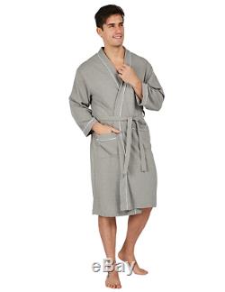 YIMANIE Men's Waffle-Weave Kimono Robe Cotton Spa Bathrobe Lightweight Soft Knee